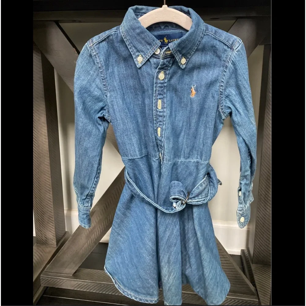 Ralph Lauren Girls' Denim Shirt Dress in Dark Blue with Contrast Cuffs